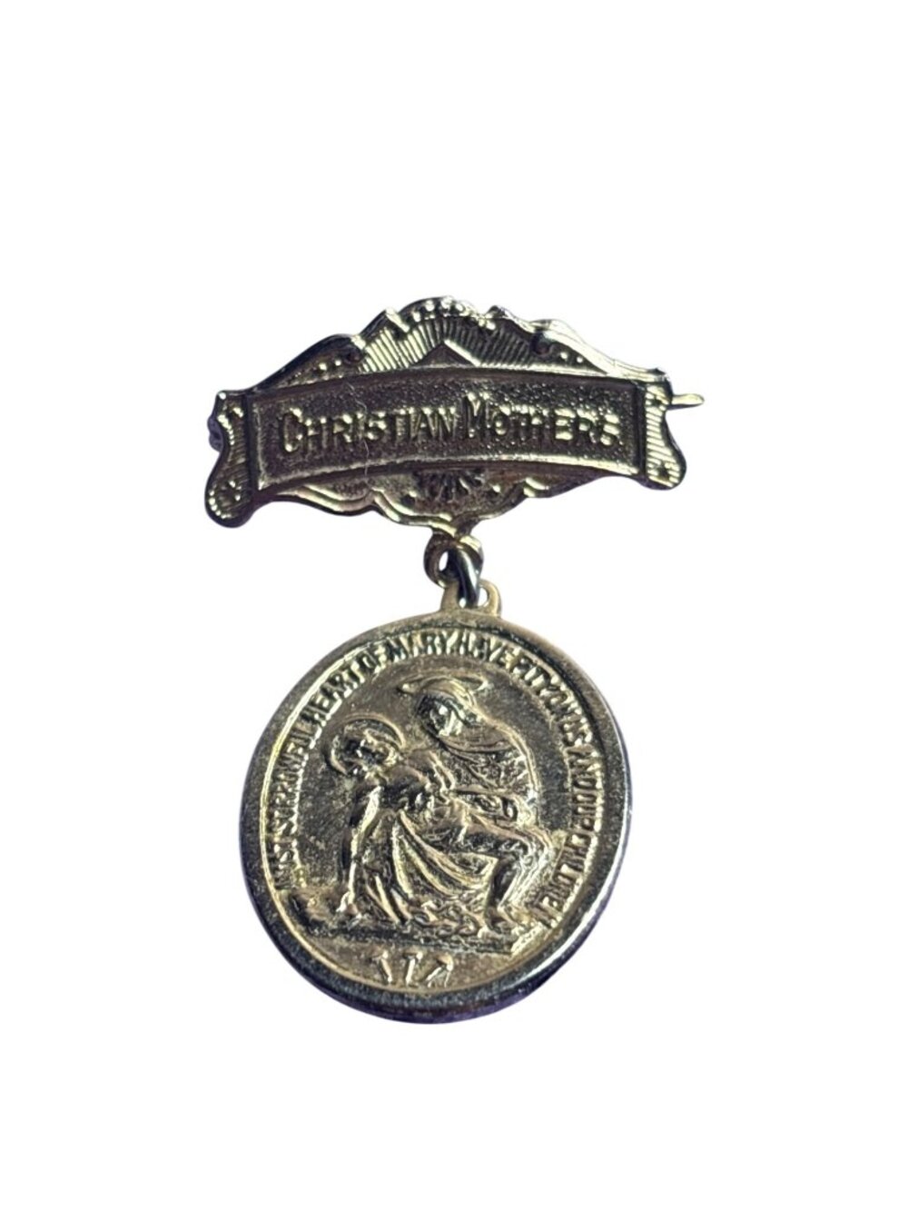 Vintage Goldtone Confraternity of Christian Mothers Medal Brooch Pin Pieta